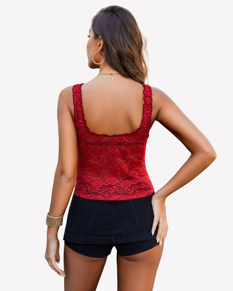 Burgundy lace mesh crop tank top with scalloped lace back and thin straps