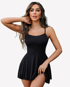 Black strap chemise nightgown with fitted bodice and flared skater skirt