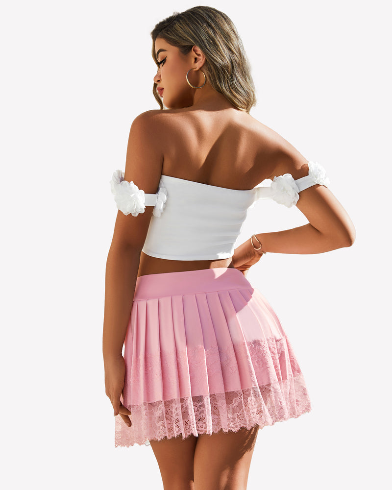 Pink high-waist pleated mini skirt with lace overlay and tiered lace trim