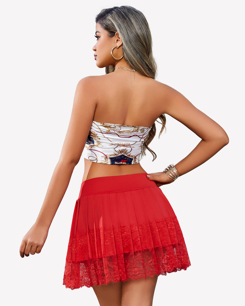 Red high-waist pleated mini skirt, back view, with lace-trimmed scalloped hem