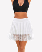 White high-waist pleated mini skirt with lace trim and sheer lace underlayer