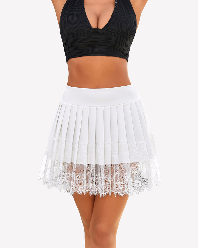 White high-waist pleated mini skirt with lace trim and sheer lace underlayer