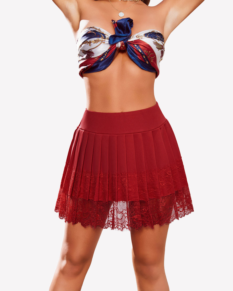 Red high-waist pleated mini skirt with lace-trim hem and fitted waistband