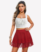 Red high-waist pleated lace mini skirt with lace-trim hem