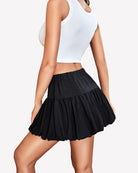 Black bubble puffy hem A-line skirt with elastic waist and tiered ruffle layers.