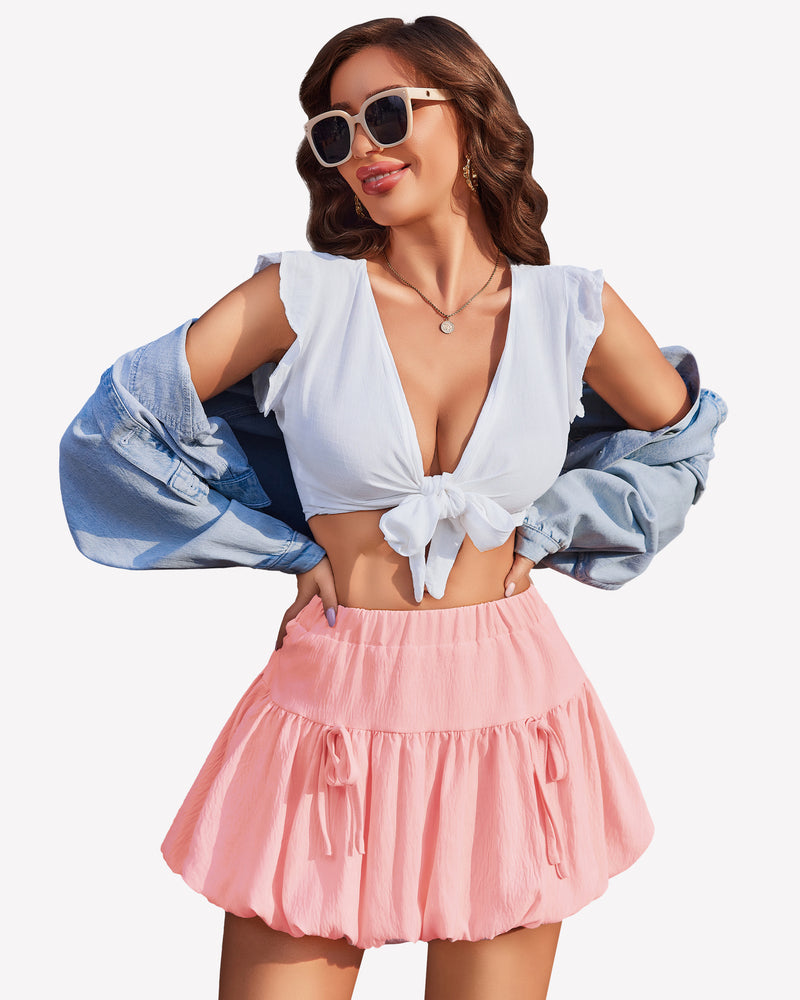 Light pink bubble puffy hem A-line skirt with elastic waist and tiered ruffles, tie bows.