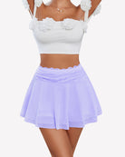 Lilac pleated lace-mesh skirt with layered ruffles and flared hem