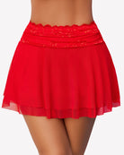 Red pleated lace mesh layered ruffled skirt with scalloped lace waistband