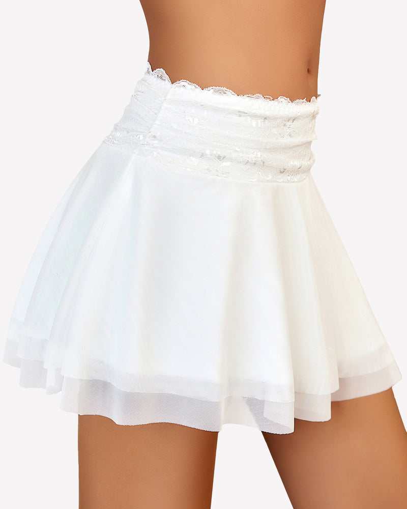 White pleated lace mesh layered ruffled skirt with lace-trim elastic waistband