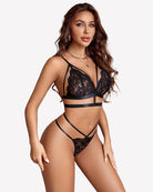 Black lace bra and thong set with V-neck cups and strappy lace panty