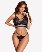 Black lace bra and thong set with lace cups, strappy band, and triangle back