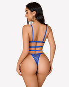 Blue lace bra and thong set, back view with ladder straps and lace briefs