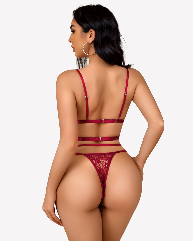 Wine red lace bra and panty set, crisscross back straps, thong-style briefs