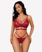 Wine red lace bra and thong set with V-neck cups and strappy lace panty