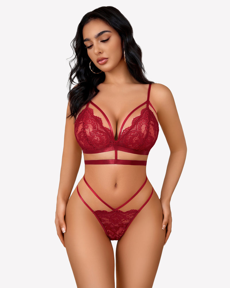 Wine red lace bra and thong set with V-neck cups and strappy lace panty