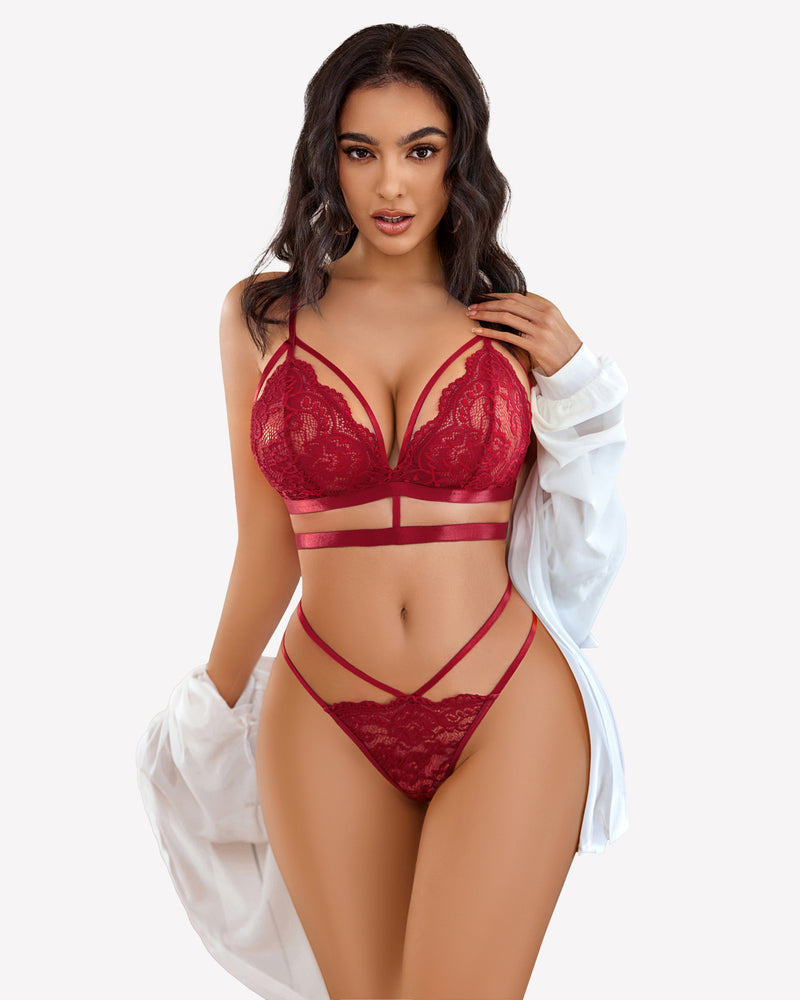 Wine red lace bra and panty set with V-neck cups and thong-style briefs