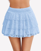 Light blue lace pleated mini skirt with layered ruffle tiers