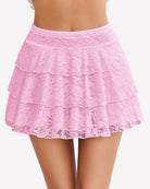Pink lace pleated mini skirt with layered ruffle tiers