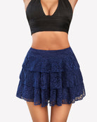 Navy lace pleated mini skirt with tiered ruffle hem