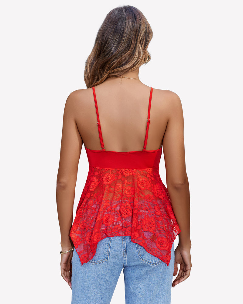 Red lace camisole top with open back, spaghetti straps, and asymmetrical scalloped hem