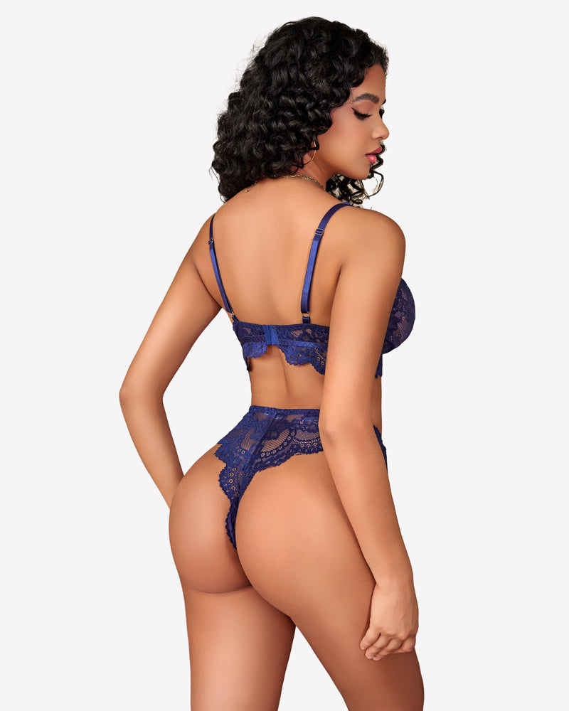 Dark blue lace bra with thin straps and matching lace panty, rear view