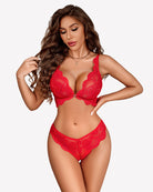 Floral lace bra and panty set, red with scalloped lace trim