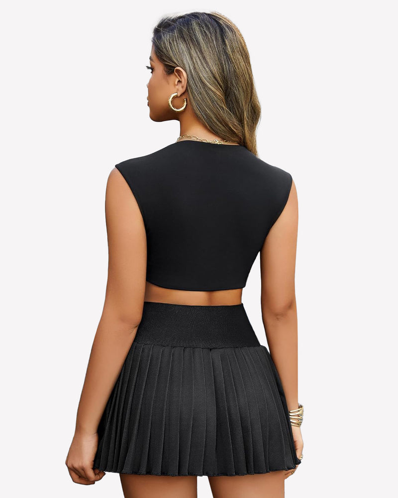 Black high-waisted pleated mini skirt, back view, gathered waistband, A-line
