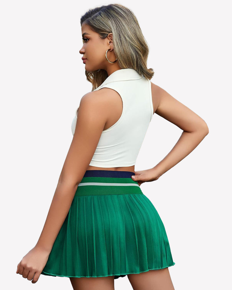 Green high-waisted pleated mini skirt, side view, gathered waistband, A-line