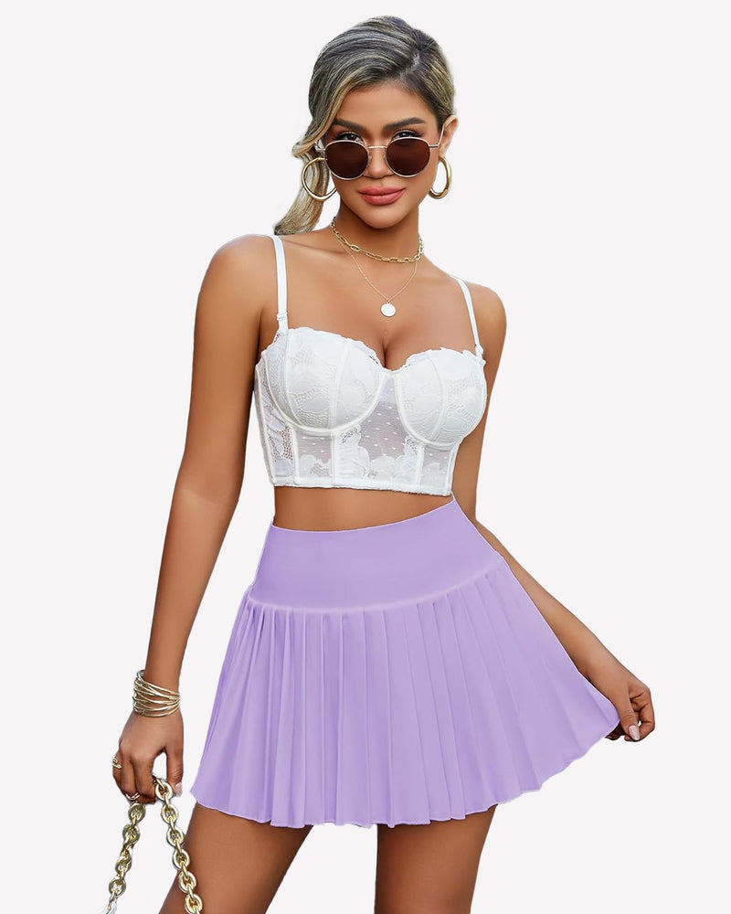Lilac high-waisted pleated mini skirt, gathered waistband, A-line silhouette