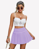 Lilac high-waisted pleated mini skirt, gathered waistband, A-line silhouette