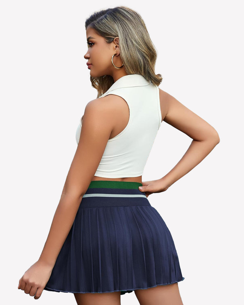 Navy blue high-waisted pleated mini skirt, back view, gathered waistband, A-line
