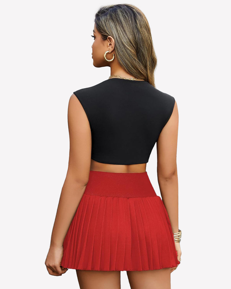 Red high-waisted pleated mini skirt, back view