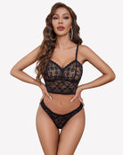 Black sheer lace bra and panty set with scalloped lace trim and floral cups