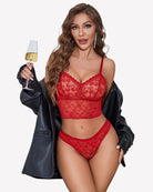 Red sheer lace bralette and panty set with lace overlay and scalloped edges