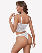 White sheer lace bra and panty set, strappy back and scalloped waistband