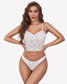 White sheer lace bra and panty set with floral lace cups and scalloped edges