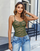 Army green lace crop tank top with thin spaghetti straps and scalloped neckline