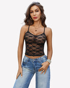 Black lace crop tank top with thin spaghetti straps and scalloped neckline