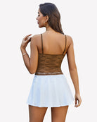 Brown lace crop tank top, back view with thin straps and lace fabric