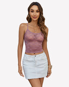 Purple lace crop tank top with thin straps and scoop neckline