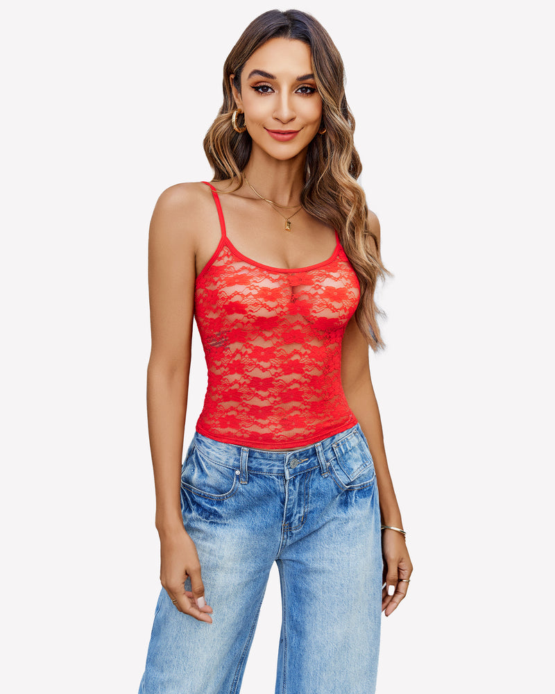 Red lace crop tank top with thin straps and scoop neckline
