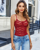 Red lace crop tank top with thin spaghetti straps and scalloped neckline
