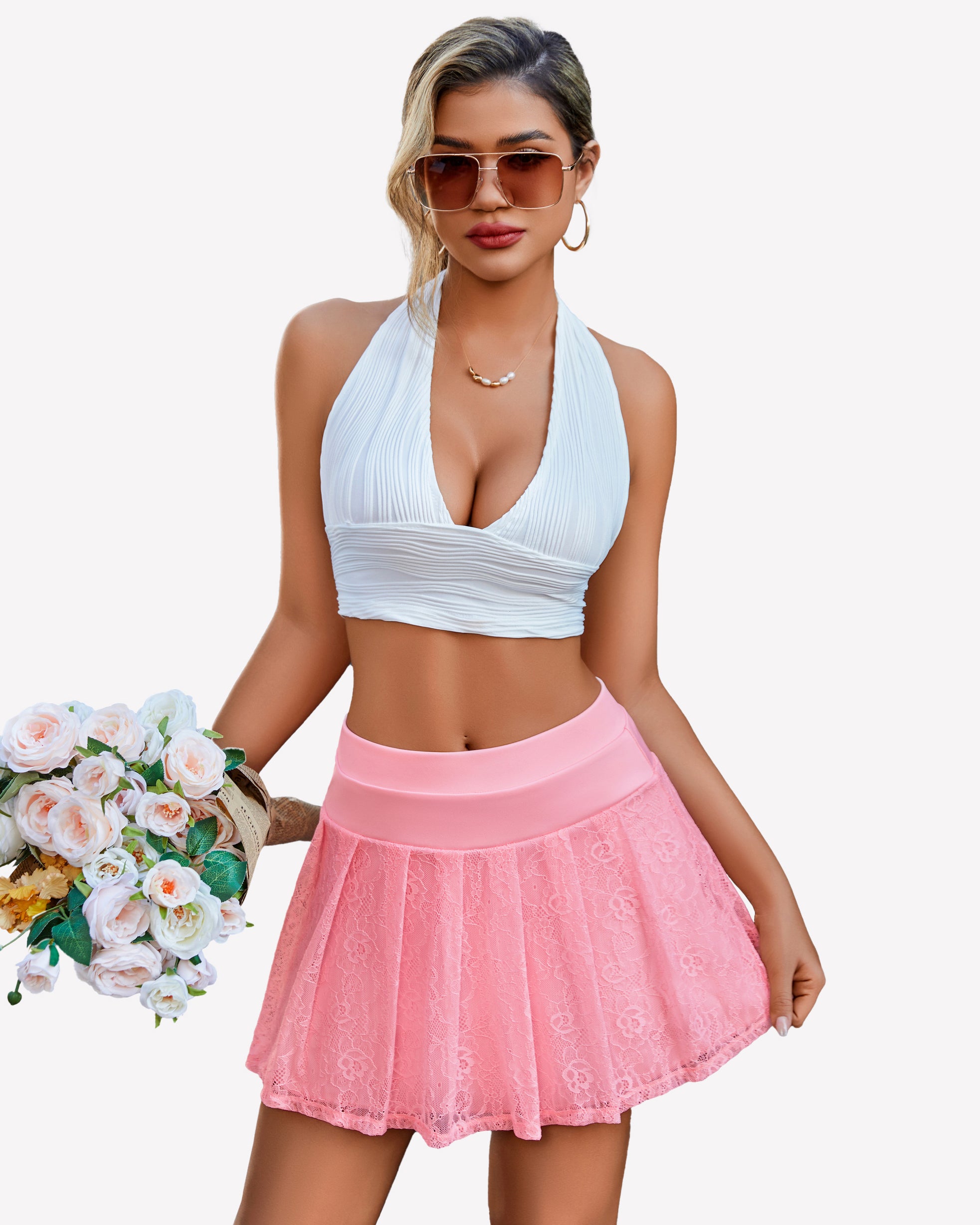 Pink lace skater mini skirt with pleats and wide elastic waistband