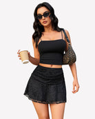 Black A-line ruched double-layer lace skirt with scalloped lace hem