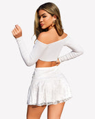 White A-line ruched double-layer lace skirt with gathered waist and lace scallops