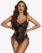 Black lace bodysuit with scalloped cups and lace-up side ties