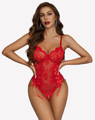 Red lace bodysuit with underwire cups and lace-up side ties