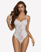 White lace bodysuit with underwire cups and side lace-up ties, thong back