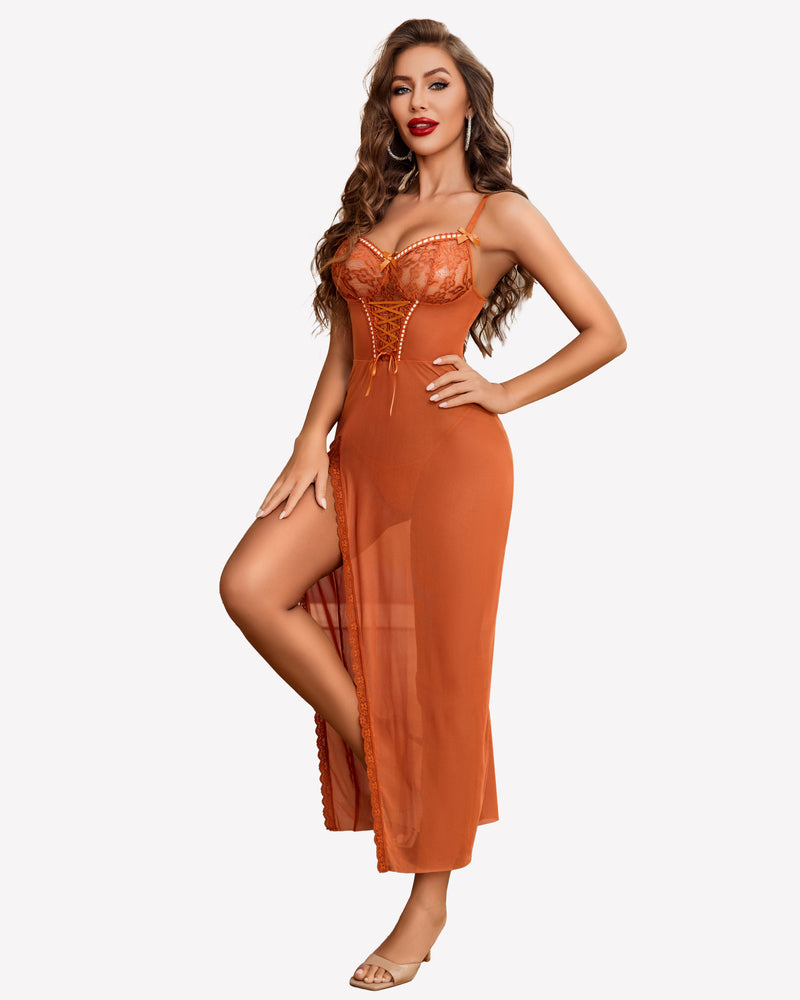 Caramel-orange lace mesh chemise with underwire cups and side split