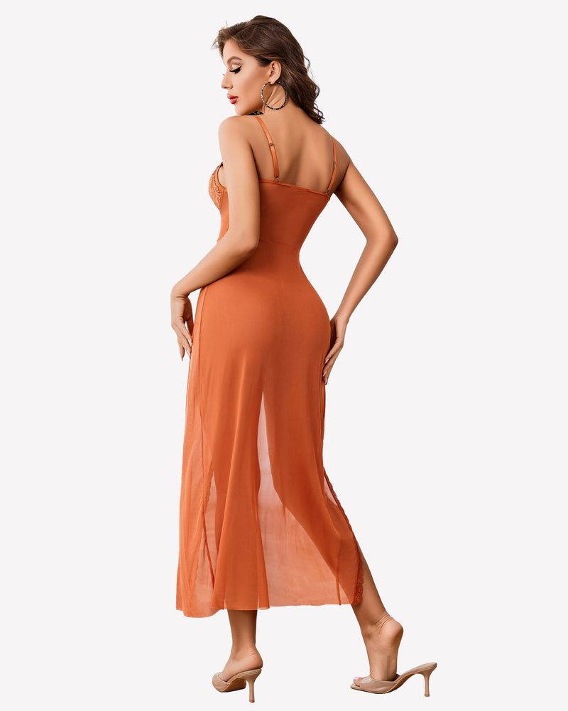 Caramel-orange sheer lace chemise with open back and side split